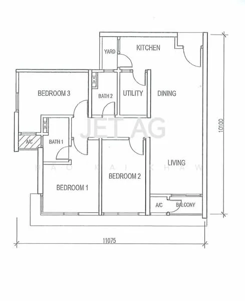 Floor plan: 3-bedroom 2-bathroom unit; features: open-plan kitchen-dining-living, utility room, yard area, balcony off living room, master bedroom with ensuite bathroom, bedroom 2 with shared bathroom, all bedrooms with windows, central foyer.