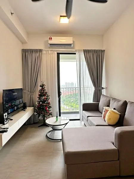 Living features: L-shape sectional sofa in grey, coffee table with black metal base, wall-mounted TV, TV console, floor-to-ceiling windows, sliding glass door, sheer curtains, 5-blade ceiling fan with light, air conditioning unit, decorative Christmas tree, decorative cushions; style: modern; view: city.