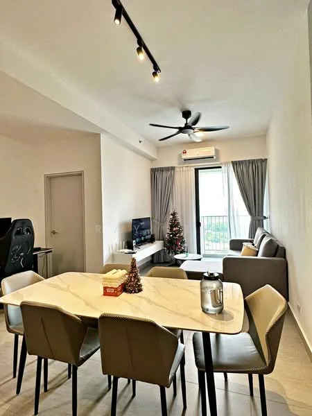 Dining features: 6-seater dining table with marble top, upholstered dining chairs in grey, decorative centerpiece with Christmas tree, glass water jug, wall-mounted TV, sofa in grey fabric, floor-to-ceiling windows, curtains in light grey, ceiling fan with light, recessed LED downlights, air conditioning unit on wall; style: modern; view: city.