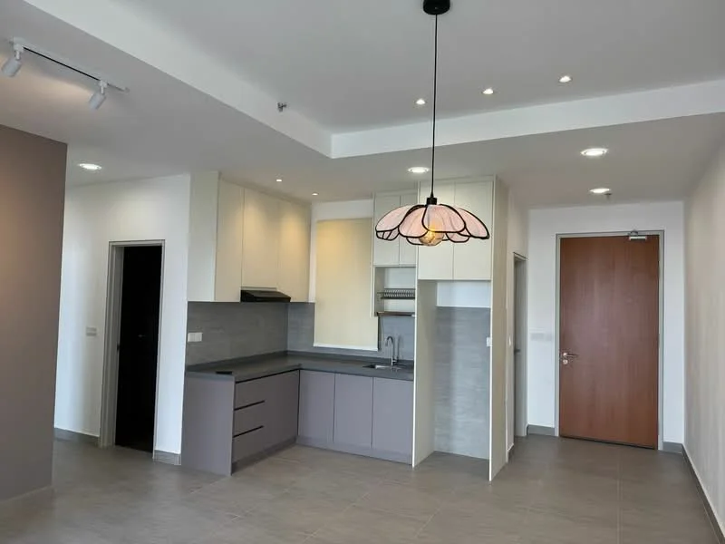 Kitchen features: grey cabinetry, white upper cabinets, black countertop, stainless-steel sink, chrome pull-down faucet, built-in oven, stove with hood, tile backsplash, recessed downlights, pendant light, open layout, grey tiled flooring; style: modern. Living features: open layout, grey tiled flooring, wall-mounted light fixtures, white painted walls; style: modern.