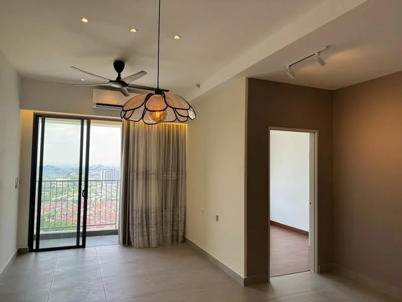 Living features: floor-to-ceiling windows, sliding glass door, 5-blade ceiling fan with light, pendant lamp, cream painted walls, light grey tile flooring, curtains, city view, recessed downlights; style: modern; view: city. Room features: door leading to another room, wood flooring.