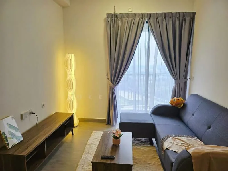 Living features: grey fabric L-shape sectional sofa, wooden TV console, floor lamp with wavy design, light-colored area rug, curtains in light grey, floor-to-ceiling window, decorative potted plant, wall-mounted TV, blanket draped over sofa; style: modern; view: city.