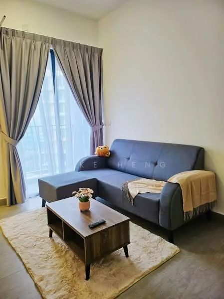 Living features: grey fabric L-shape sectional sofa, wood coffee table, area rug with plush texture, floor-to-ceiling windows, sheer curtains, decorative plant on coffee table, throw blanket draped over sofa, wall-mounted TV, neutral painted walls, tile flooring; style: modern; view: city.