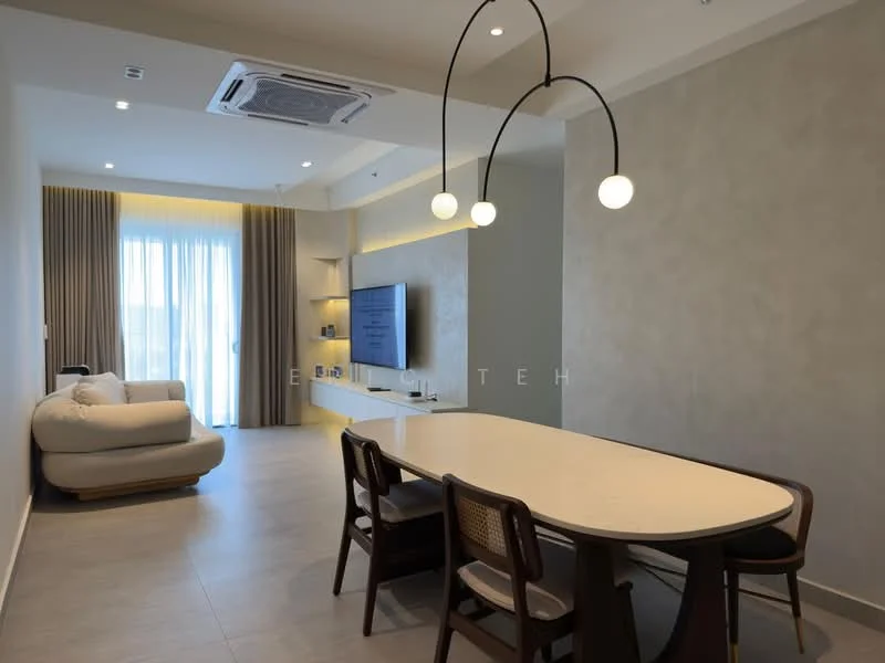 Living features: sofa in white fabric, dining table with white surface, 4 wooden dining chairs, wall-mounted TV, recessed LED downlights, ceiling-mounted pendant light with two globes, grey accent wall, floor-to-ceiling windows with sheer curtains, air conditioning unit, light grey tile flooring; style: modern; view: city.