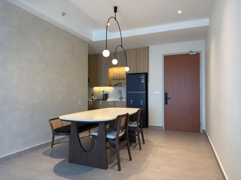 Dining features: round dining table, 4 dining chairs, pendant lighting with three globes, grey tiled flooring, light wood cabinetry, black refrigerator, kettle, built-in countertop, wall-mounted light, neutral wall color, open layout; style: modern.