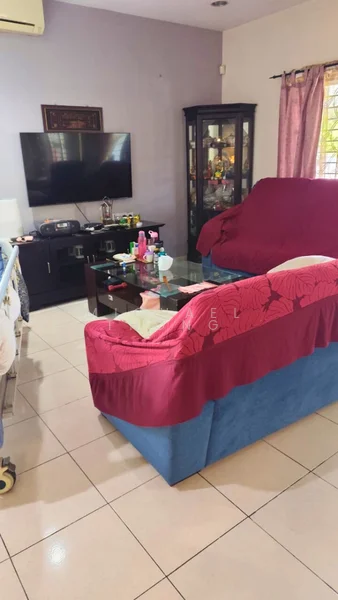 Living features: 3-seater fabric sofa in red and blue, coffee table, wall-mounted TV, TV console, decorative cabinet, curtains in light pink, cream tiled flooring, air conditioning unit, wall art, decorative items on the table.