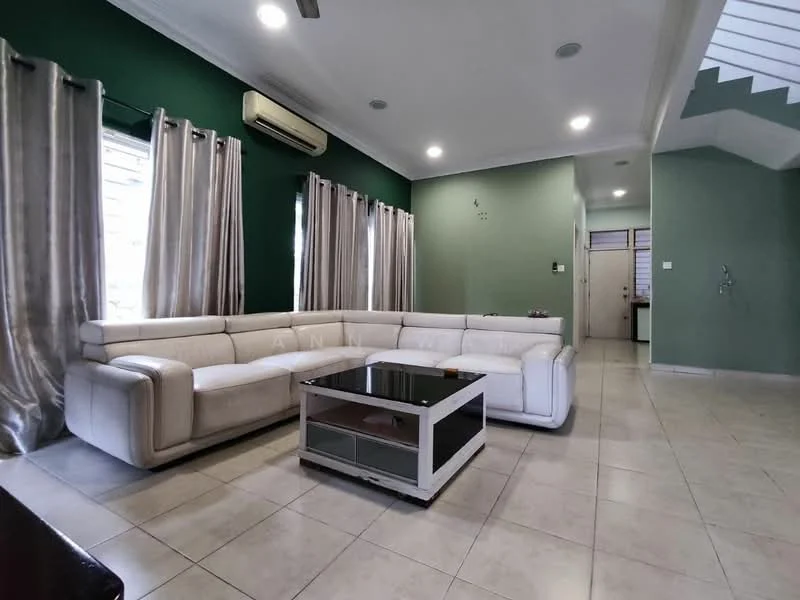 Living features: L-shape sectional sofa in white leather, glass coffee table with white frame, cream tiled flooring, green painted walls, floor-to-ceiling windows with sheer curtains, wall-mounted air conditioning unit, recessed downlights, decorative wall art, light-colored ceiling with crown moulding; style: modern.