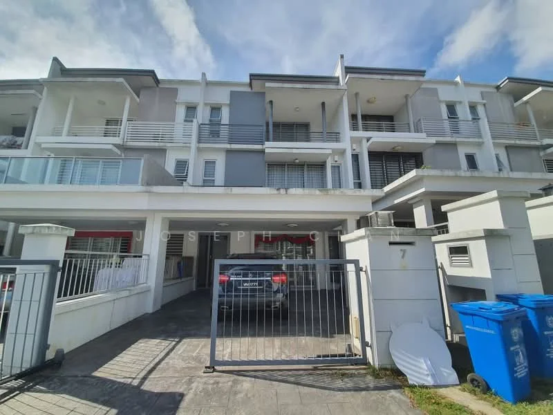 Exterior type: linked terrace house; features: two-storey building, grey and white painted facade, recessed balconies, glass railings on balconies, gated entrance, paved driveway, car parked in driveway, front garden area, visible garbage bins, security gate, modern architectural design; style: modern.