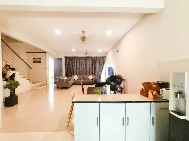 Kitchen features: white cabinetry, black countertop, stainless-steel fridge, water dispenser, open shelving, fruit bowl, kitchen island with seating; style: modern. Living features: 3-seater fabric sofa in grey, coffee table, TV console, wall-mounted TV, ceiling fan with light, large windows with curtains, area rug, decorative plants; style: modern.