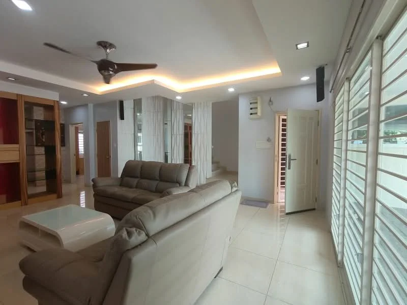Living features: 3-seater fabric sofa in light grey, 2-seater fabric sofa in light grey, coffee table with white surface, ceiling fan with light, recessed LED downlights, white painted walls, cream tiled flooring, sliding glass door, window with horizontal blinds, built-in shelving unit, decorative wall panel, staircase visible in background; style: modern.