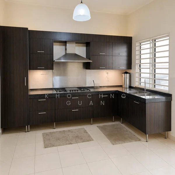 Kitchen features: dark wood cabinetry, black granite countertop, stainless-steel range hood, 4-burner gas hob, built-in oven, single-bowl stainless-steel sink, chrome pull-down faucet, tile flooring, recessed downlights, window with horizontal slats, 2 area rugs; style: modern.