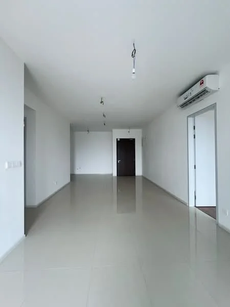 Room features: white painted walls, glossy ceramic tile flooring, recessed downlights, 1 wall-mounted split AC, single wooden door, door frame with white finish, plain ceiling, no visible furniture or decor; style: modern.