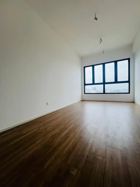 Room features: white painted walls, wooden flooring, large floor-to-ceiling windows, hanging light fixtures; style: modern; view: city.