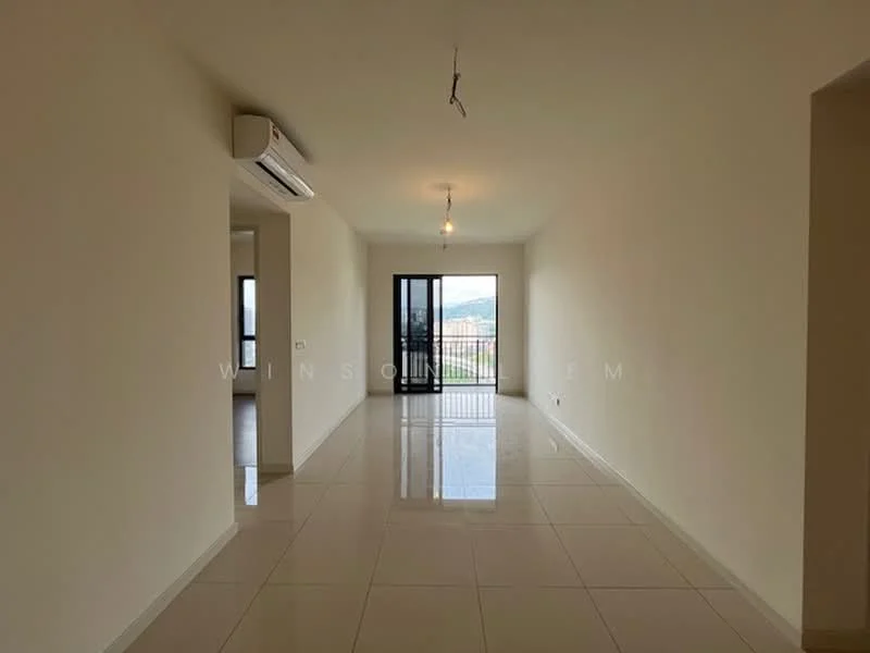 Living features: white painted walls, glossy ceramic tile flooring, recessed downlights, 1 wall-mounted split AC, floor-to-ceiling sliding glass door, balcony access, mountain view, neutral color scheme; style: modern; view: mountain.