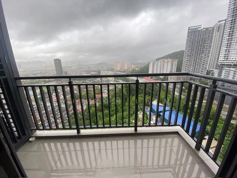 Room features: balcony, metal railing, grey tiled flooring, city view, overlooking greenery, high-rise buildings in the background, cloudy sky; style: modern; view: city.