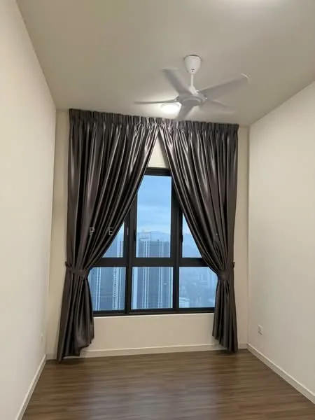 Room features: grey curtains, floor-to-ceiling windows, wooden flooring, ceiling fan, neutral painted walls, city view; style: modern; view: city.