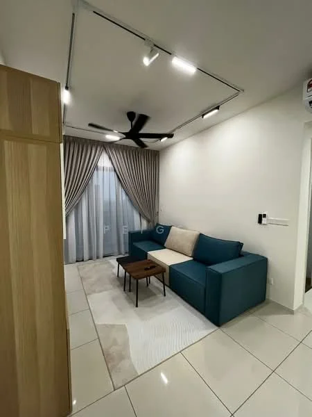 Living features: 3-seater fabric sofa in teal, wooden coffee table, area rug with geometric pattern, floor-to-ceiling windows, sheer curtains, recessed LED downlights, ceiling fan, cream painted walls, tile flooring; style: modern.