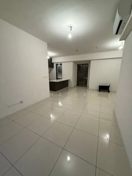 Room features: white painted walls, glossy ceramic tile flooring, recessed downlights, wall-mounted split AC, open kitchen area, kitchen cabinetry, neutral color scheme, large open space; style: modern.