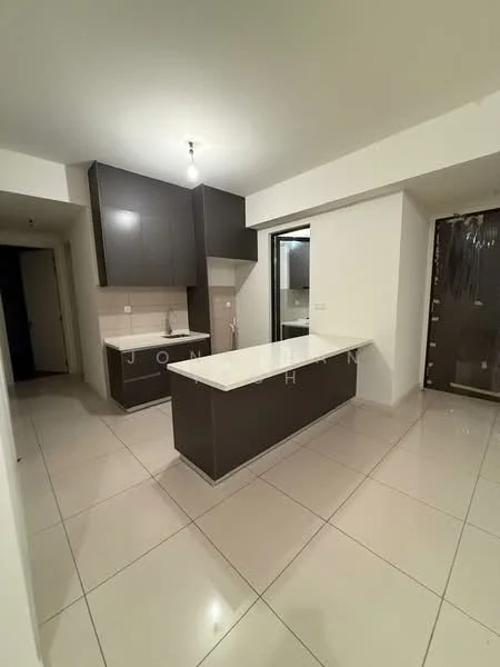 Kitchen features: dark wood cabinetry, white marble countertop, single-bowl stainless-steel sink, chrome pull-down faucet, built-in oven, freestanding range oven, ceramic tile flooring, recessed downlights, open layout, sliding glass door, neutral wall color, pantry area; style: modern.