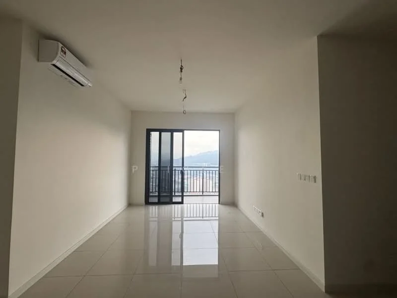 Room features: white painted walls, glossy ceramic tile flooring, floor-to-ceiling sliding glass door, mountain view, 1 wall-mounted split AC, single pendant light; style: modern; view: mountain.