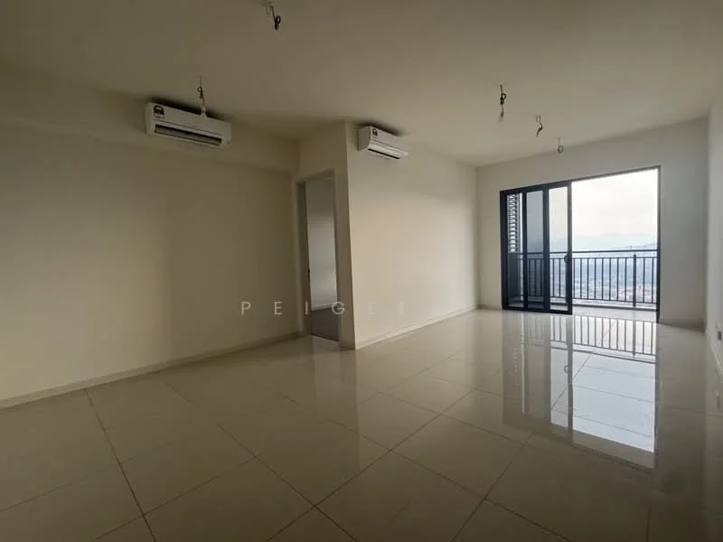 Living features: white painted walls, polished ceramic tile flooring, 2 wall-mounted split ACs, floor-to-ceiling windows, sliding glass door, balcony access, neutral ceiling, no visible furniture; style: modern; view: city.