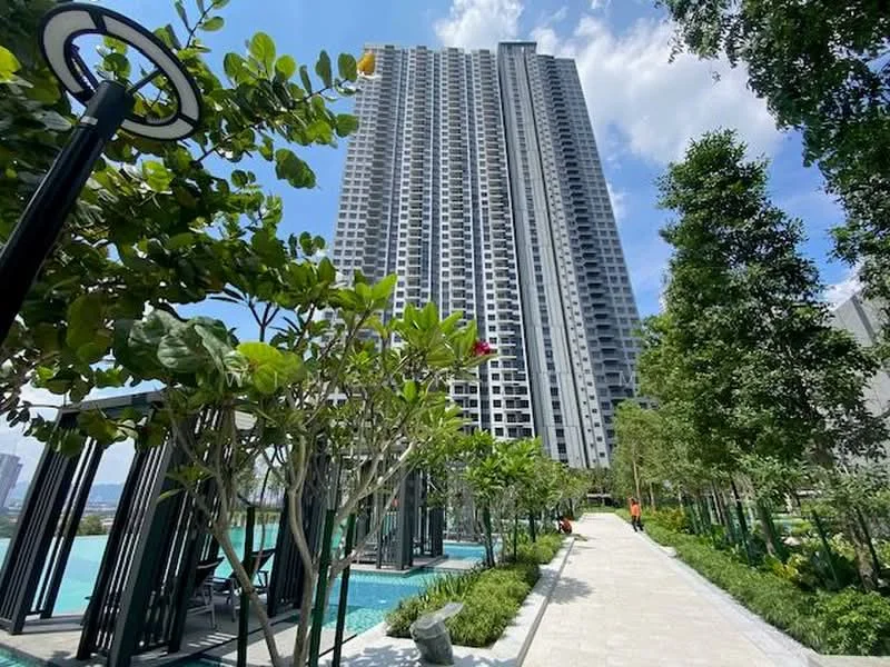 Exterior type: high-rise condominium; features: tall residential building, glass curtain wall, landscaped garden, swimming pool, pool deck with loungers, manicured lawn, mature trees, paved walkway, outdoor seating areas, balconies on upper floors; style: modern.