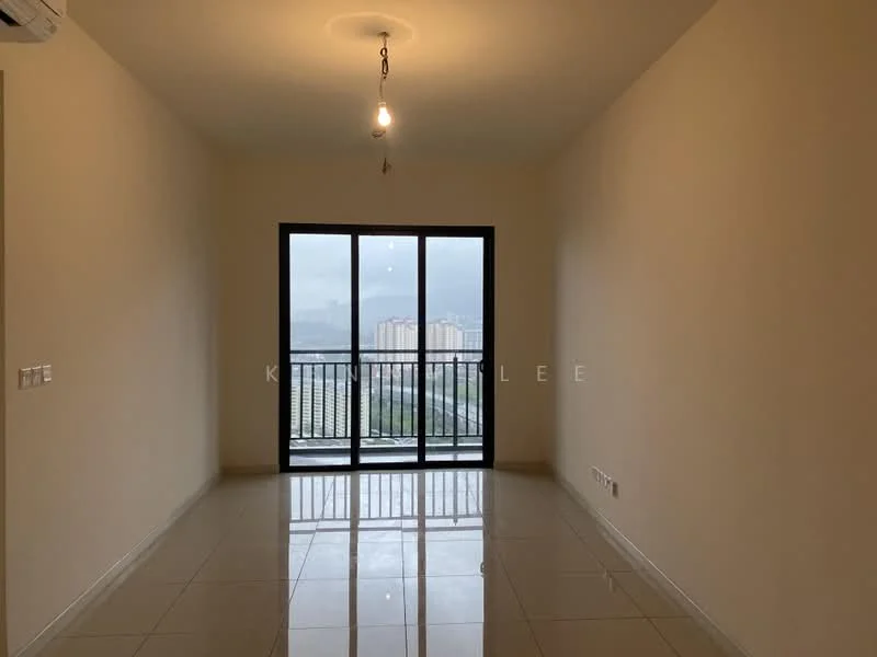 Room features: white painted walls, glossy ceramic tile flooring, floor-to-ceiling windows, black metal railing, single pendant light, 1 wall-mounted split AC, city view, neutral color scheme; style: modern; view: city.