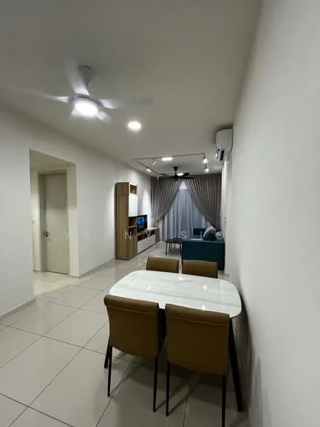 Living features: white painted walls, tile flooring, 5-blade ceiling fan with light, recessed downlights, sofa in teal, TV console, wall-mounted TV, dining table with 4 chairs, curtains, air conditioning unit; style: modern.