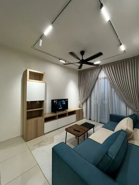 Living features: 3-seater fabric sofa in teal, coffee table, TV console with storage, wall-mounted TV, floor-to-ceiling curtains in light grey, recessed LED downlights, 5-blade ceiling fan with light, cream wall paint, glossy tile flooring; style: modern.