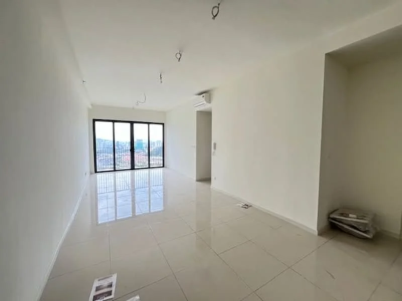Living features: white painted walls, glossy ceramic tile flooring, floor-to-ceiling windows, sliding glass door, recessed downlights, 1 wall-mounted split AC, open layout, city view; style: modern; view: city.