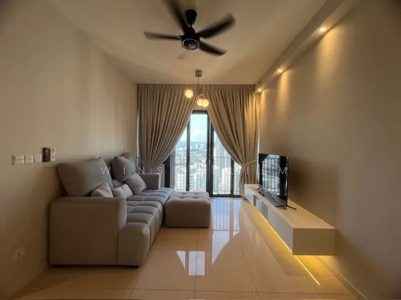 Living features: L-shape sectional sofa in light grey, floor-to-ceiling windows, city view, wall-mounted TV, white TV console, recessed downlights, 5-blade ceiling fan with light, curtains, glossy tile flooring, decorative wall with lighting; style: modern; view: city.