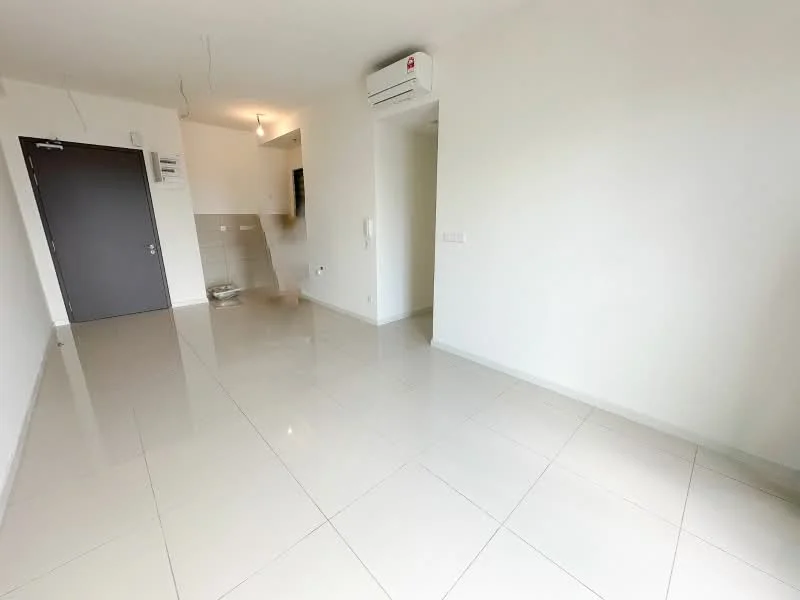 Room features: white painted walls, glossy ceramic tile flooring, 1 wall-mounted split AC, recessed downlights, neutral color scheme, open layout, no visible furniture, large windows for natural light; style: modern.