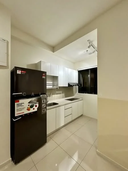 Kitchen features: white cabinetry, black refrigerator, double-bowl stainless-steel sink, chrome pull-down faucet, white countertop, ceramic tile flooring, window with city view, built-in oven, microwave, track lighting; style: modern; view: city.