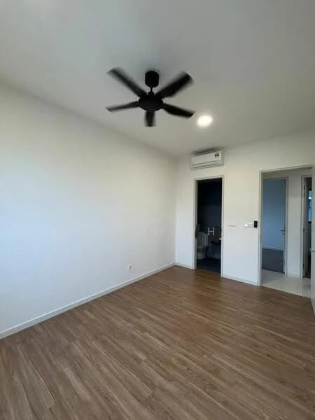 Room features: light brown laminate flooring, white painted walls, 5-blade ceiling fan, wall-mounted split AC, doorway leading to another room, doorway leading to bathroom, no visible furniture or decor; style: modern.