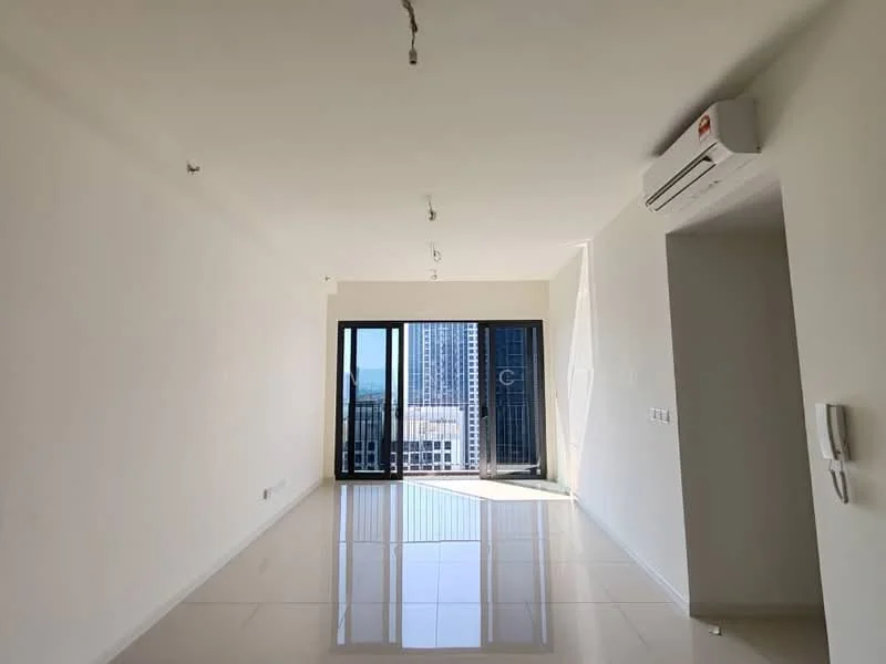 Living features: white painted walls, polished tile flooring, floor-to-ceiling windows, sliding glass door, recessed downlights, 1 wall-mounted split AC, open layout, city skyline view; style: modern; view: city.