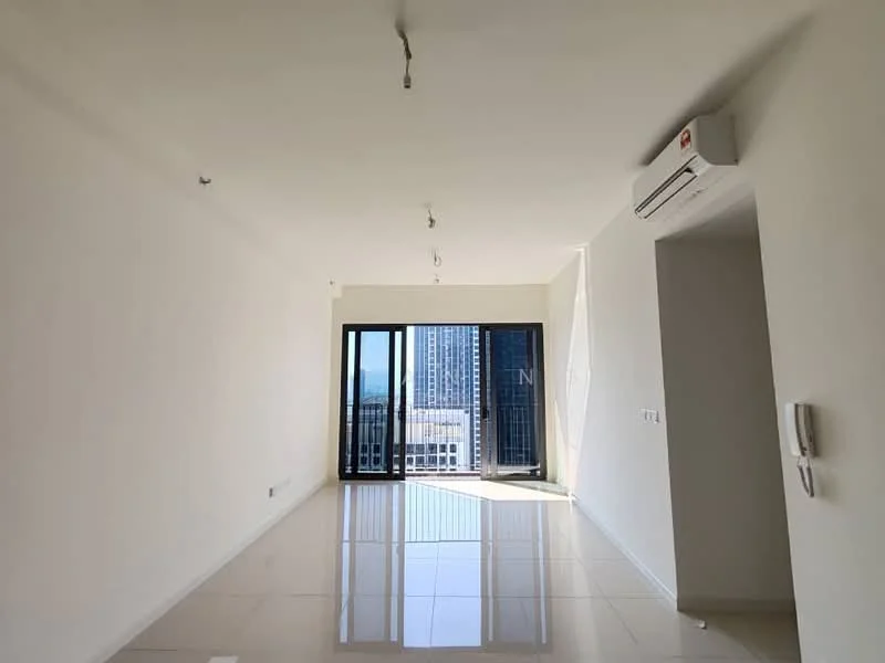 Room features: white painted walls, glossy tile flooring, floor-to-ceiling windows, sliding glass door, recessed downlights, wall-mounted split AC, open layout, city view; style: modern; view: city.