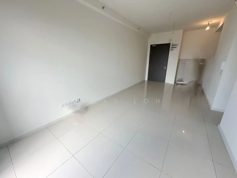 Room features: white painted walls, glossy ceramic tile flooring, recessed downlights, single door, open layout, no visible furniture, neutral color scheme, large windows, minimalist design; style: modern.