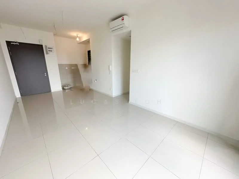 Room features: white painted walls, glossy ceramic tile flooring, 1 wall-mounted split AC, recessed downlights, open layout, neutral color palette, kitchen area visible in background, no visible furniture; style: modern.