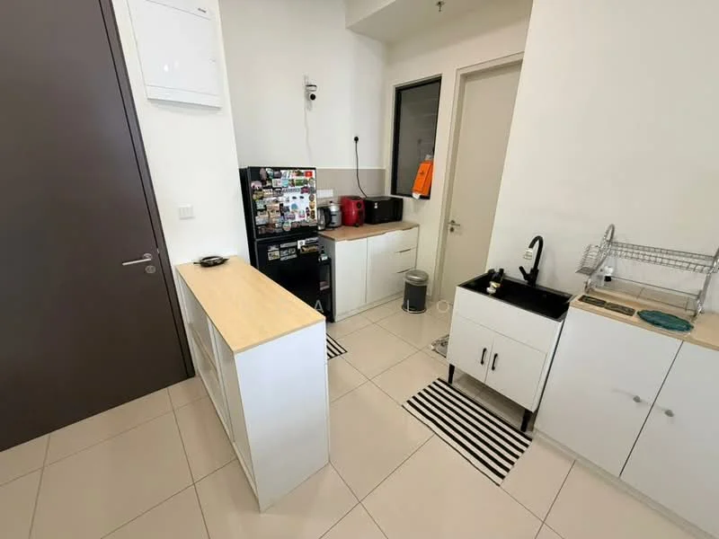 Kitchen features: white cabinets, wood countertop, black sink, chrome faucet, stainless-steel fridge, built-in microwave, red kettle, black coffee machine, tile flooring, wall-mounted air conditioning unit, black and white striped mat; style: modern.