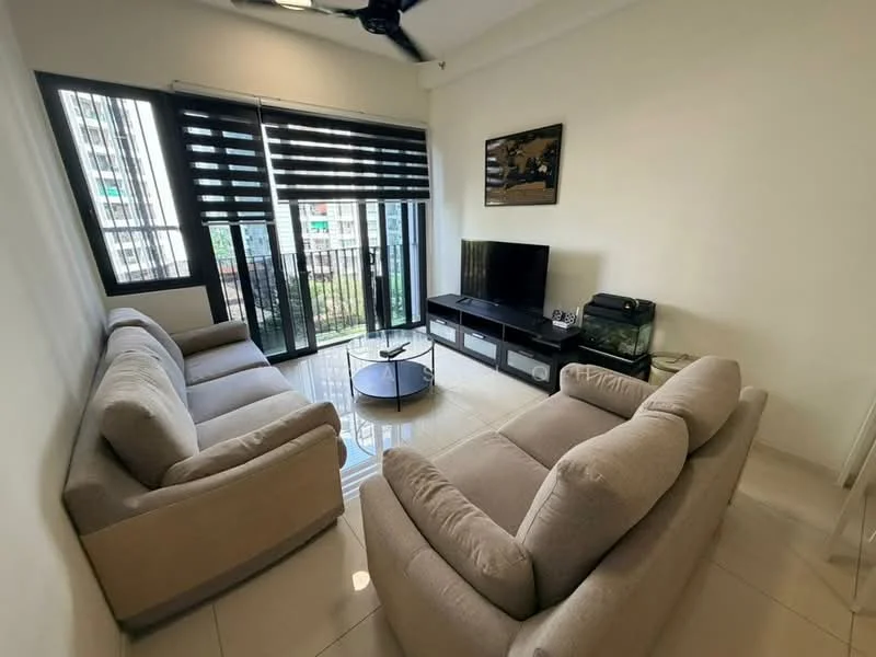 Living features: 2-seater fabric sofa in beige, 3-seater fabric sofa in grey, glass coffee table, TV console with storage, wall-mounted TV, floor-to-ceiling windows, blackout roller blinds, white painted walls, glossy tile flooring, ceiling fan; style: modern; view: city.