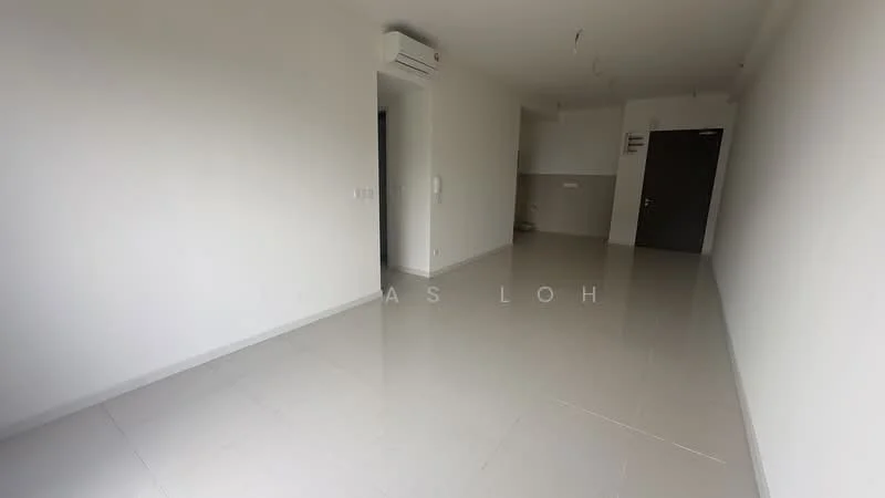 Room features: white painted walls, light grey floor tiles, 1 wall-mounted split AC, recessed ceiling lights, single door, no visible furniture or decor; style: modern.