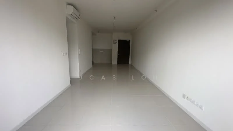 Room features: white painted walls, grey tiled flooring, 1 wall-mounted split AC, ceiling lights, doorway leading to another room, empty space; style: modern.