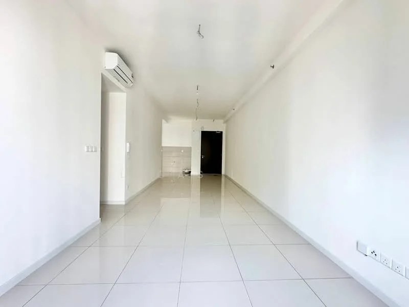 Living features: white painted walls, polished ceramic tile flooring, 1 wall-mounted split AC, recessed downlights, open layout, neutral color scheme, no visible furniture, large windows, doorway leading to another room; style: modern.