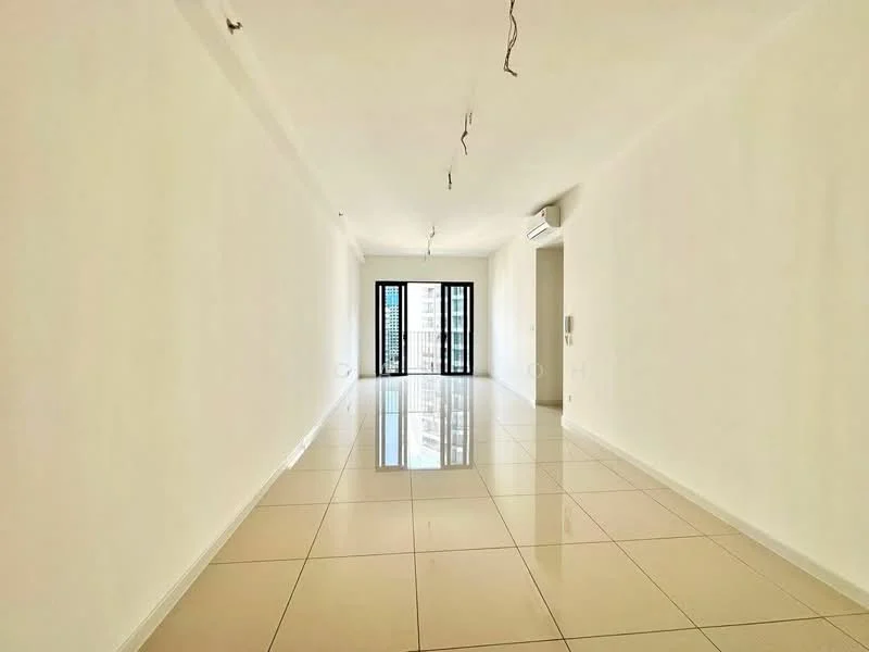 Room features: white painted walls, glossy ceramic tile flooring, floor-to-ceiling windows, sliding glass door, recessed downlights, air conditioning unit, open layout, neutral color scheme; style: modern; view: city.