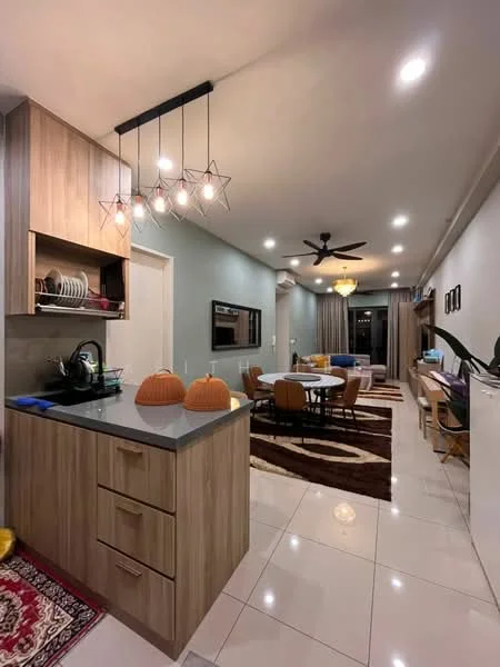 Kitchen features: wood cabinetry, grey countertop, stainless-steel sink, chrome pull-down faucet, built-in oven, recessed downlights, pendant lighting, open shelving, dish rack, kitchen island with storage; style: modern. Living features: ceiling fan, dining table with upholstered chairs, area rug with geometric pattern, TV console, wall-mounted TV, sofa, decorative plants, curtains, wooden sideboard; style: modern.