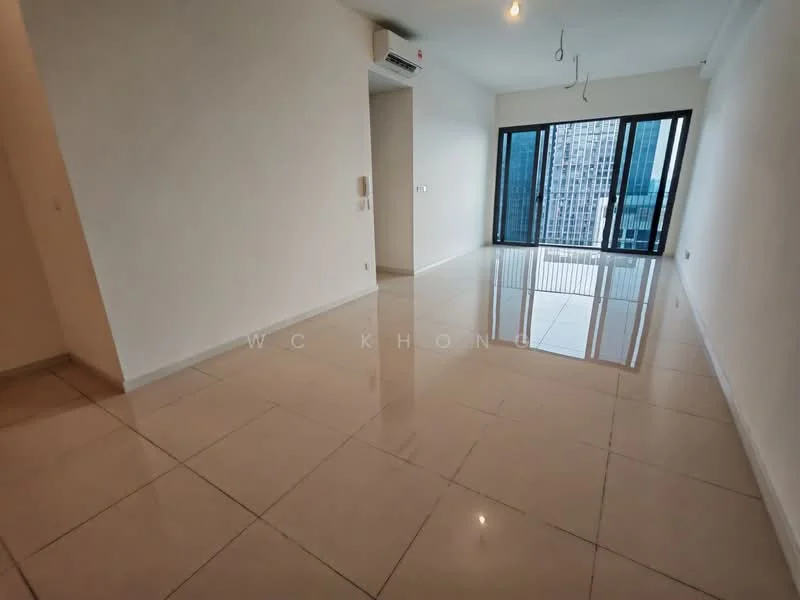 Living features: white painted walls, glossy ceramic tile flooring, floor-to-ceiling windows, sliding glass door, 1 wall-mounted split AC, recessed downlights, neutral color scheme, open layout, city view; style: modern; view: city.