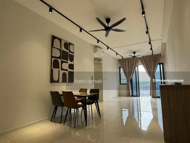 Dining features: white painted walls, polished ceramic tile flooring, 5-blade ceiling fan with light, dining table with 4 chairs, floor-to-ceiling windows, curtains, air conditioning unit, decorative wall art; style: modern; view: city.