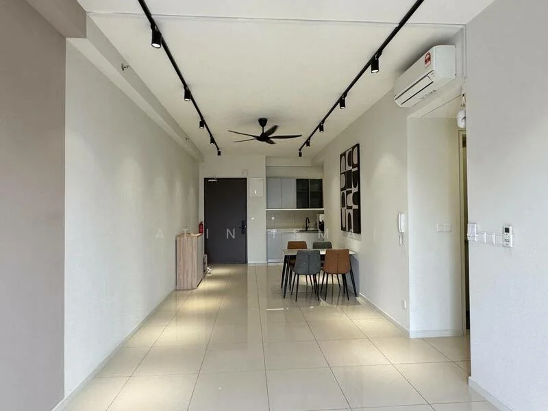 Living features: white painted walls, tile flooring, 5-blade ceiling fan with light, track lighting, floor-to-ceiling windows, open-plan layout, dining table with four chairs, kitchen area with cabinetry, refrigerator, wall-mounted air conditioning unit; style: modern.
