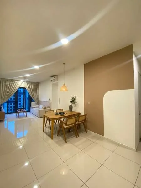 Dining features: white painted walls, cream accent wall, glossy white tile flooring, dining table with wooden legs, 4 wooden dining chairs, pendant light fixture, floor-to-ceiling windows, curtains, air conditioning unit; style: modern; view: city. Living features: white painted walls, glossy white tile flooring, sofa, coffee table, floor-to-ceiling windows, curtains, air conditioning unit; style: modern; view: city.