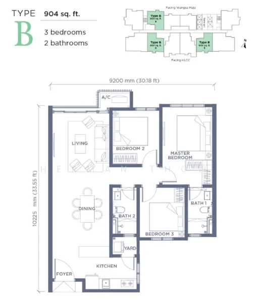 Floor plan: 3-bedroom 2-bathroom unit; features: open-plan kitchen-dining-living, master bedroom with ensuite bathroom, bedroom 2 with shared bathroom, utility room, yard area, central foyer.